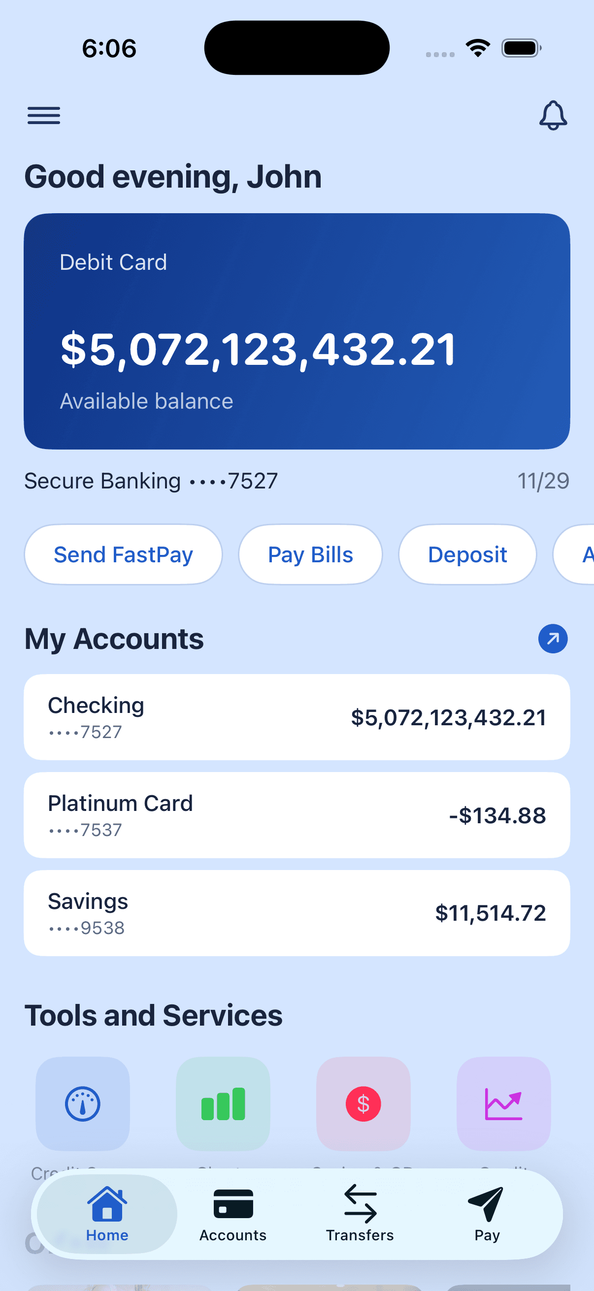 LarpBank bank mode showing a debit card, account balances, and transaction history
